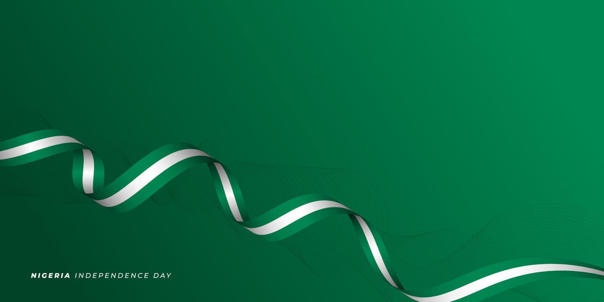 Flying Nigeria ribbon flag vector illustration with green background.