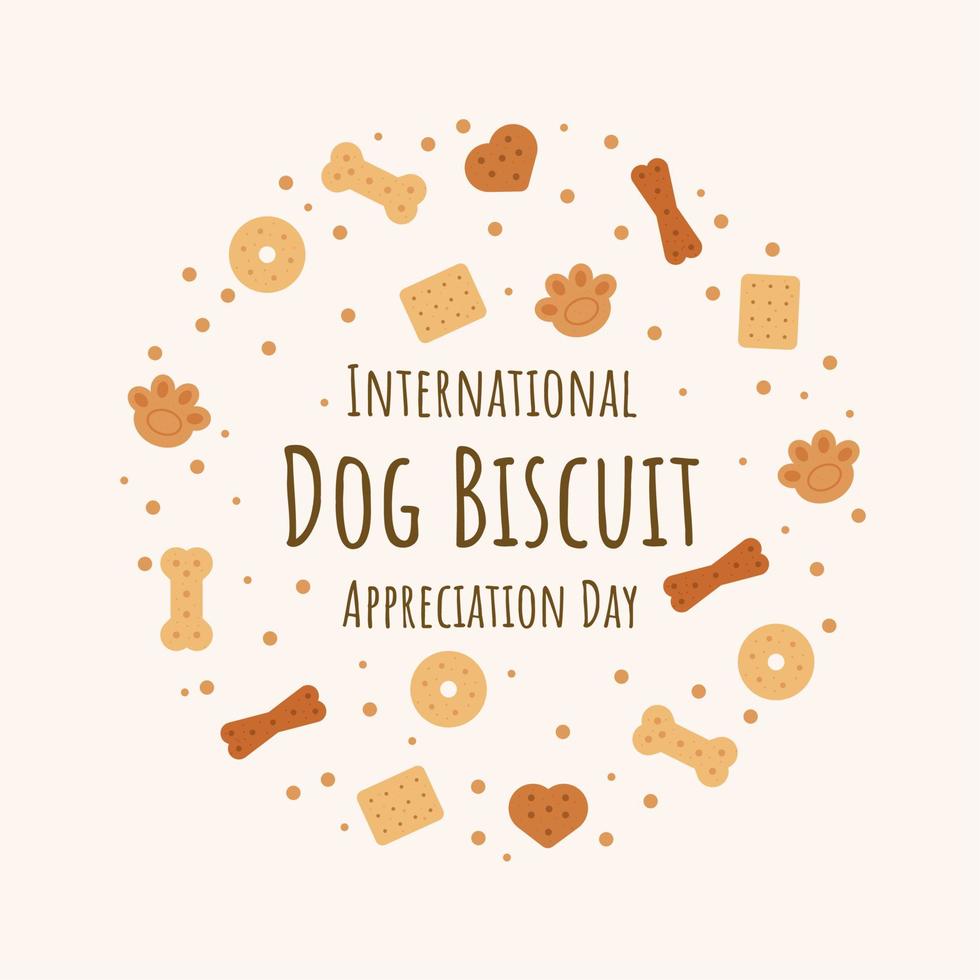 Vector illustration of flat style dog food set, bone cake, as template or banner, International Dog Biscuit Appreciation Day.