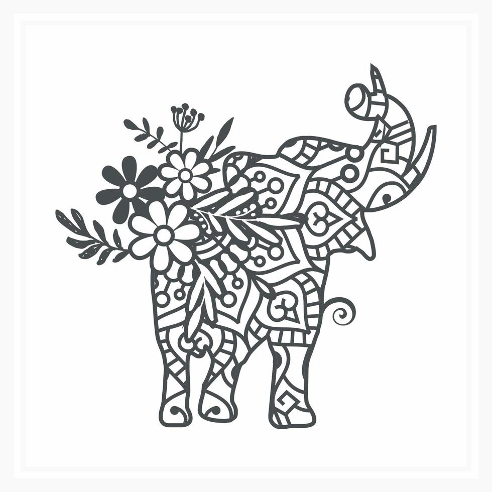 Elephant Mandala with Flower, vector illustration.