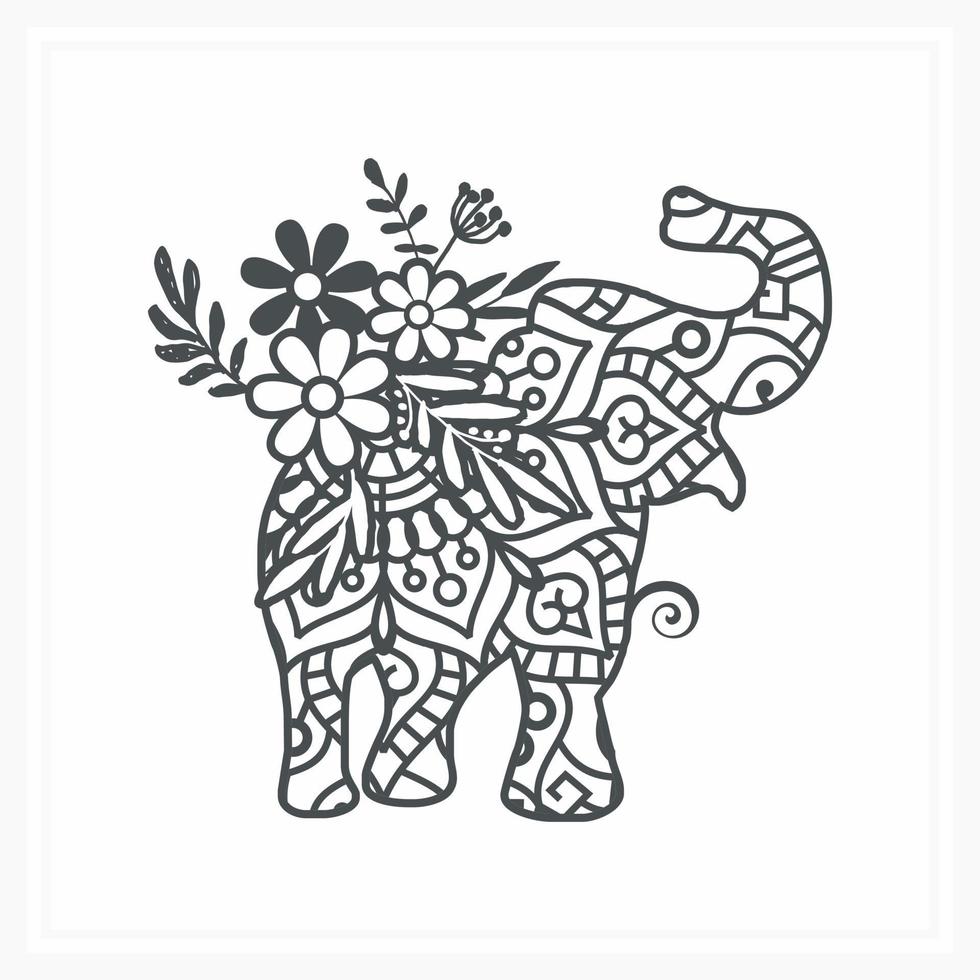Elephant Mandala with Flower, vector illustration.