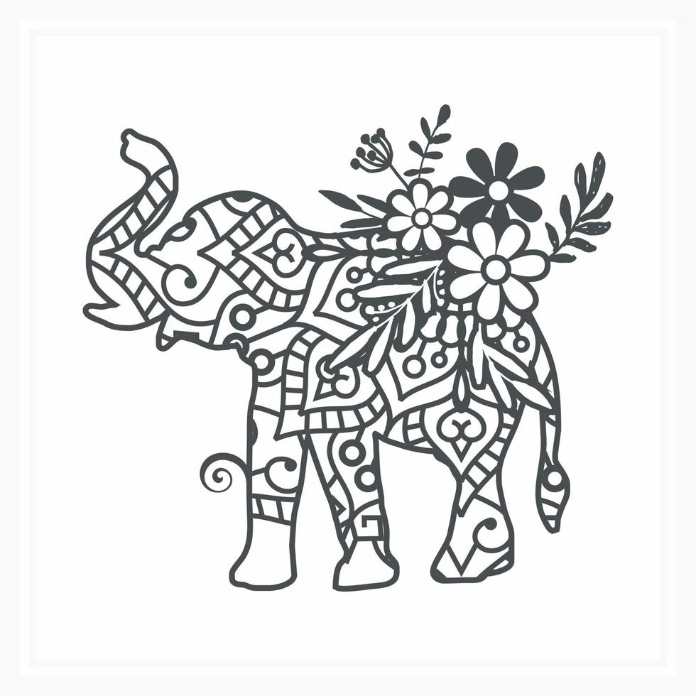Elephant Mandala with Flower, vector illustration.