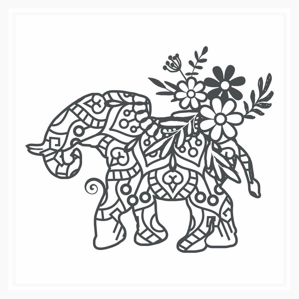 Elephant Mandala with Flower, vector illustration.