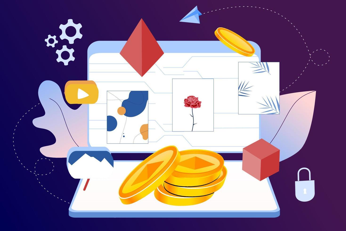 NFT non fungible token infographic with lines and dots network. Pay for unique collectible in video, game, art. Isometric vector illustration of NFT with blockchain technology for web banner template.