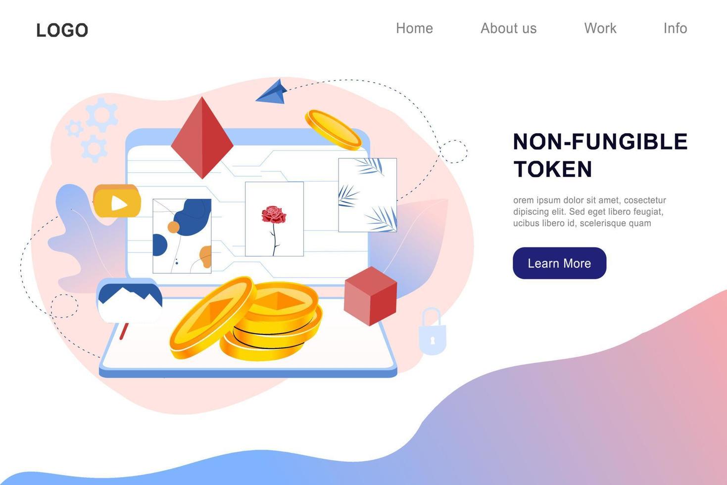 NFT non fungible token infographic with lines and dots network. Pay for unique collectible in video, game, art. Isometric vector illustration of NFT with blockchain technology for web banner template.