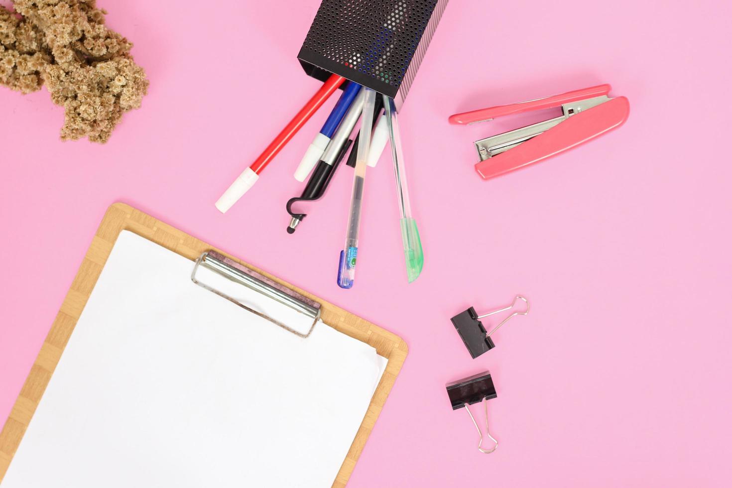 stationery for study isolated on pink background photo