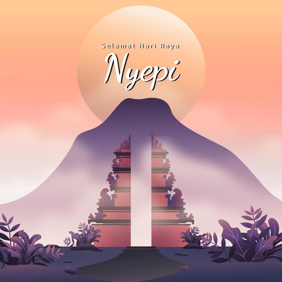 banner de ilustración nyepi para publicación de instagram con pura o vector de templo