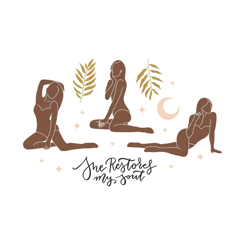 Beauty female characters sitting with moon crescent, stars silhouette with palm leaves. Bohemian female vector for wall art poster print with lettering - She restores my soul. Magic women concept.