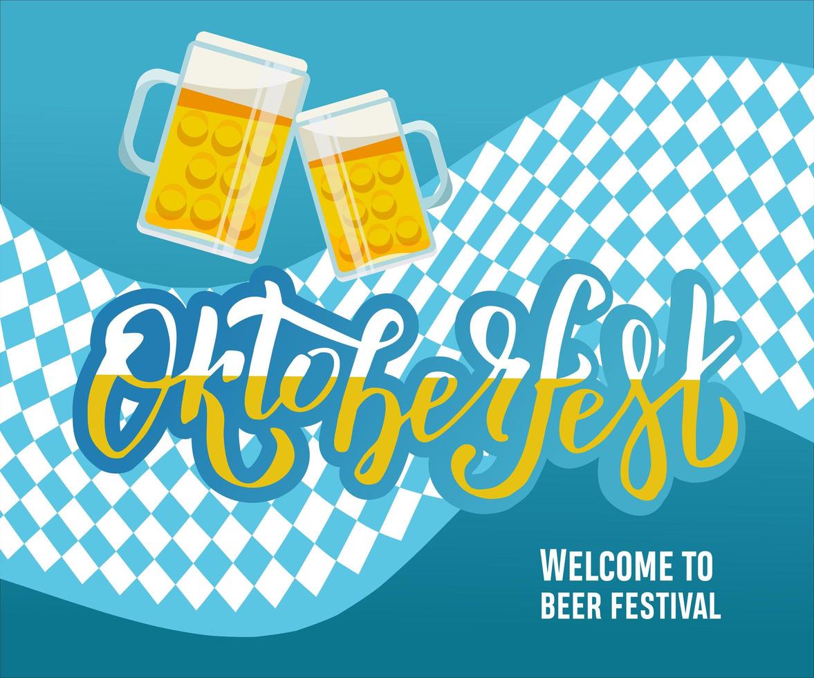 Vector Lettering illustration Oktoberfest Welcome to beer festival celebration design with flat drawing of two glass mugs with beer and cloth fluttering on wind in rhombic pattern.