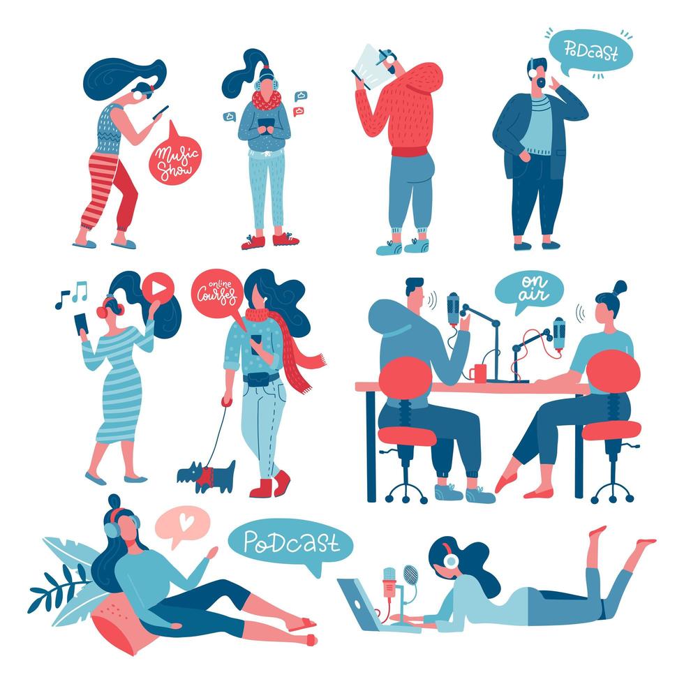 Podcast recording and listening big set. Man and woman, People sitting with microphones at table making online radio stream content and listening with headphones, phones. Flat vector illustration