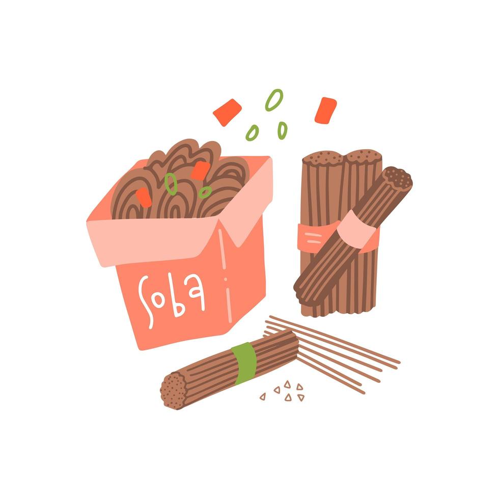 Soba set. Raw and boiled buckwheat soba noodles in box isolated on white background. Vector illustration of japanese food buckwheat grains in cartoon simple flat style.