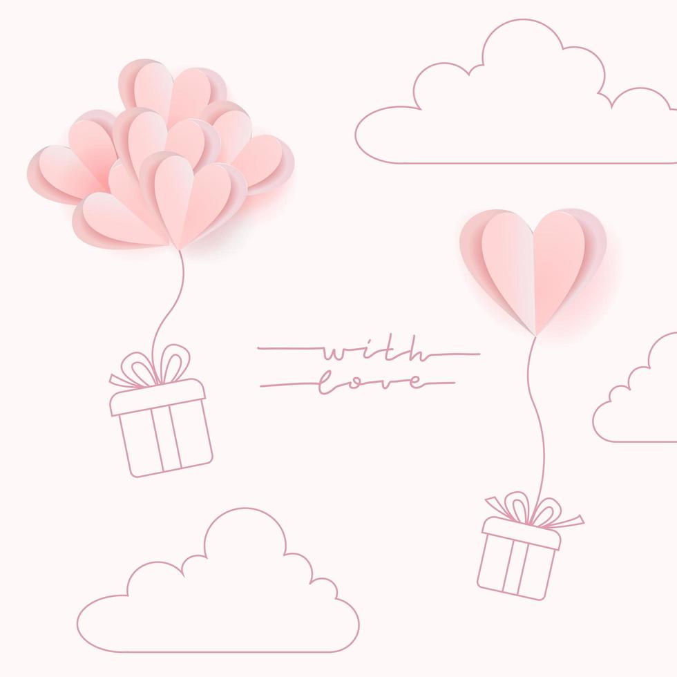 Paper art style of valentine s day greeting card and love concept. Couple of line art gift boxes ballooning up on heart balloons heart shape on gentle pink sky.Vector illustration. vector