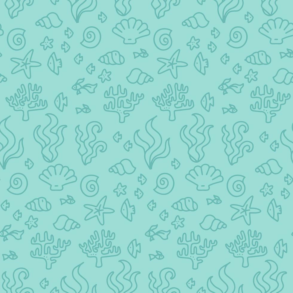 Doodle seamless turquoise coral reef seamless pattern for textile, paper design, backgrounds. Under ocean blue corals with repeated polyps, sea weed and fishes. Nautical underwater colorful ornament vector