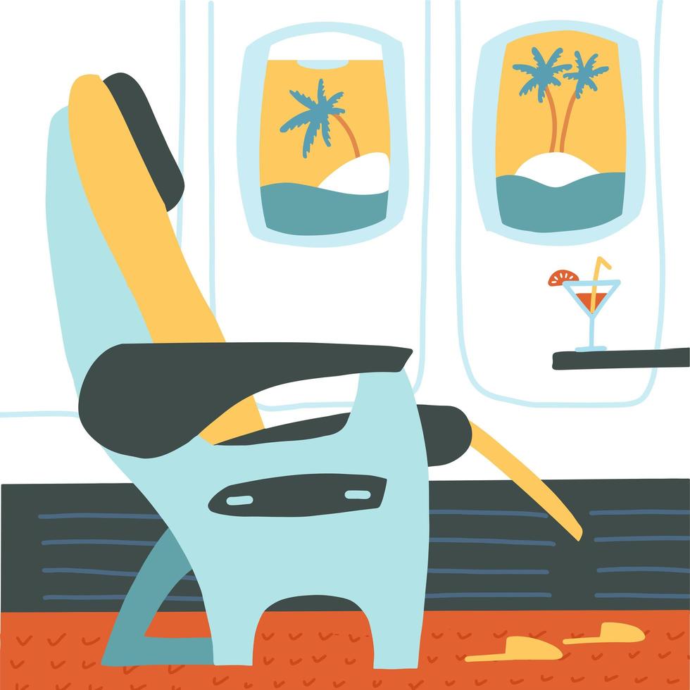 The passenger seat in airplane business class. Cocktail on the site of the chair. Tropical vacation. Summer travelling concept. Vector flat cartoon illustration.