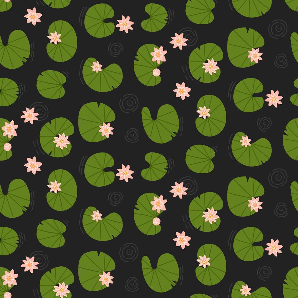 Pink lotuses in the dark pond top view. Seamless lily pattern. Water flowers and plants. Lake background with water lilies. Endless ornament. Nature backdrop. Vector flat hand drawn illustration.