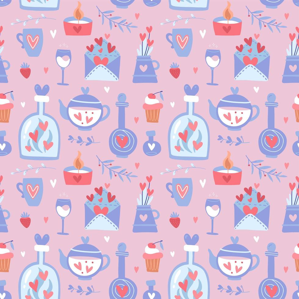 Valentine s day seamless pattern with teapot, cups, flowers and hearts, cake and glasses, romantic set of romantic elements on a pink background, vector flat illustration