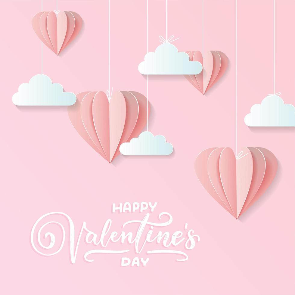 Valentines of craft paper design, contain pink hearts and clouds are holding by sting on top, soft pink background feel like fluffy in the air. Hand lettering text vector