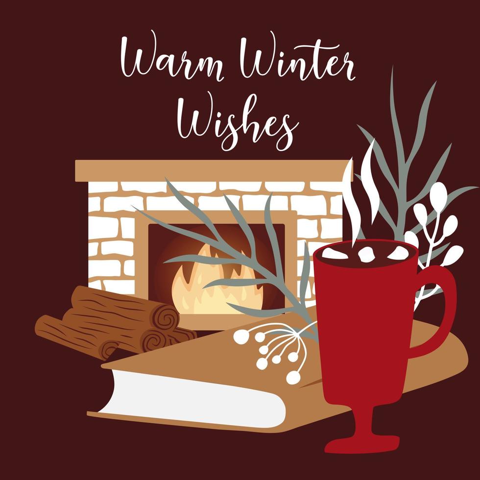 Winter happy holidays. Cozy Hygge vector collection in red and green colors. Hot drinks, and book near fireplace. Greeting postcards. Premade  Compositions.