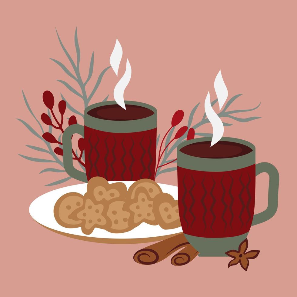 Winter happy holidays. Cozy Hygge  vector collection in red and green colors. Hot drinks and cakes. Greeting postcards. Premade Compositions.