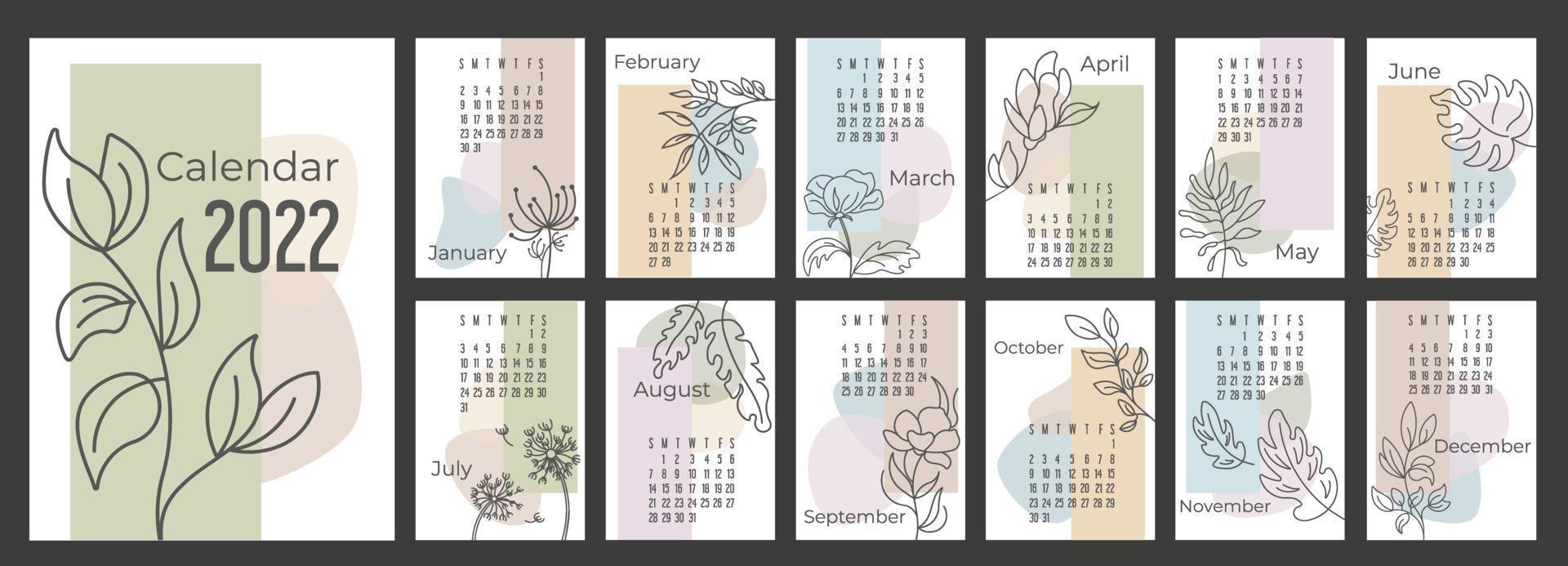 A4 calendar or planner 2022 trendy abstract figures with hand drawn botanic flowers. Cover and 12 monthly pages. Week starts on Sunday, vector illustration  pastel colors  A3 A2 A6