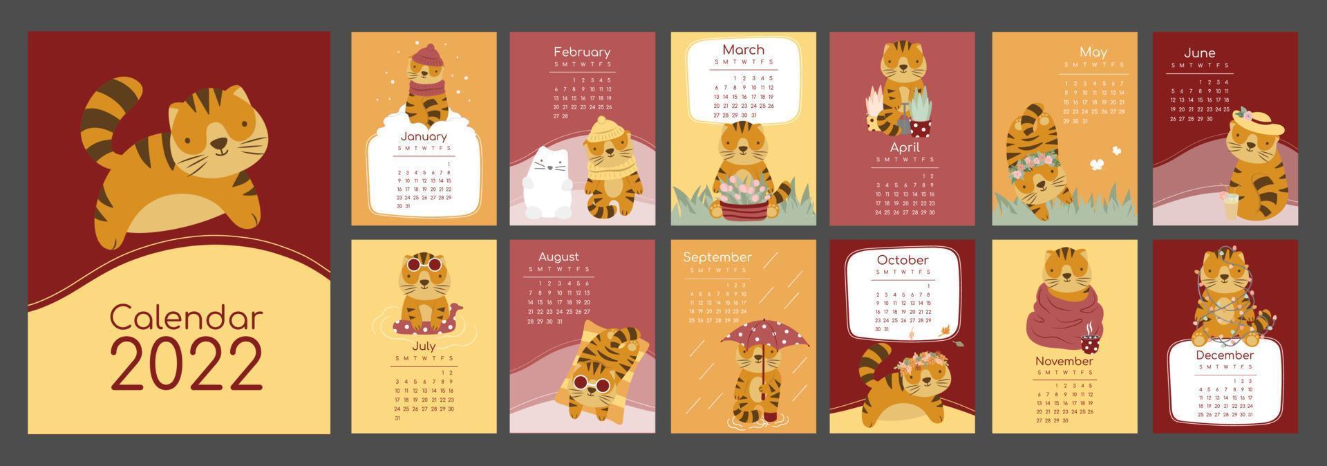 calendario vertical vectorial 2022 con símbolo del año tigre. lindo personaje divertido pequeño tigre. semana estrellas en domingo. plantilla con portada en tamaño a4 a3 a2 a5. en colores rojo y naranja vector