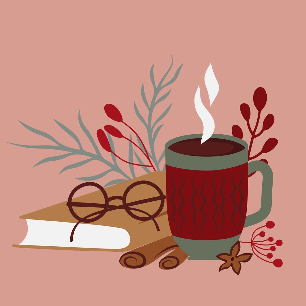 Winter happy holidays. Cozy Hygge vector collection in red and green colors. Hot drinks, and book. Greeting postcards. Premade  Compositions.