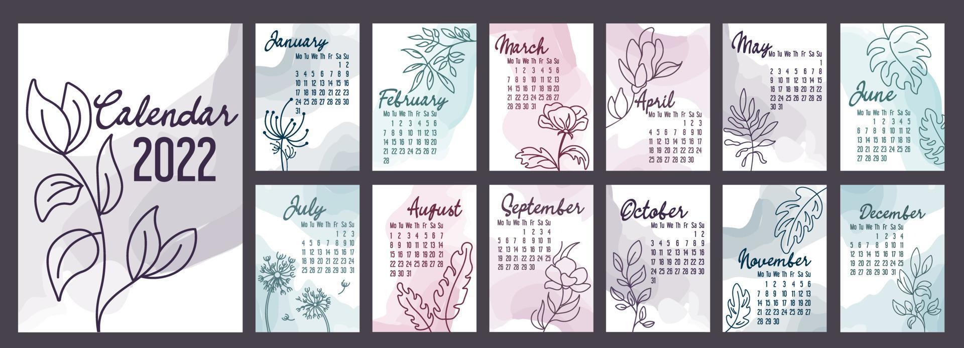 A4 calendar or planner 2022  watercolor abstract with hand drawn botanic flowers. Cover and 12 monthly pages. Week starts on Monday, vector illustration  pastel colors  A3 A2 A6