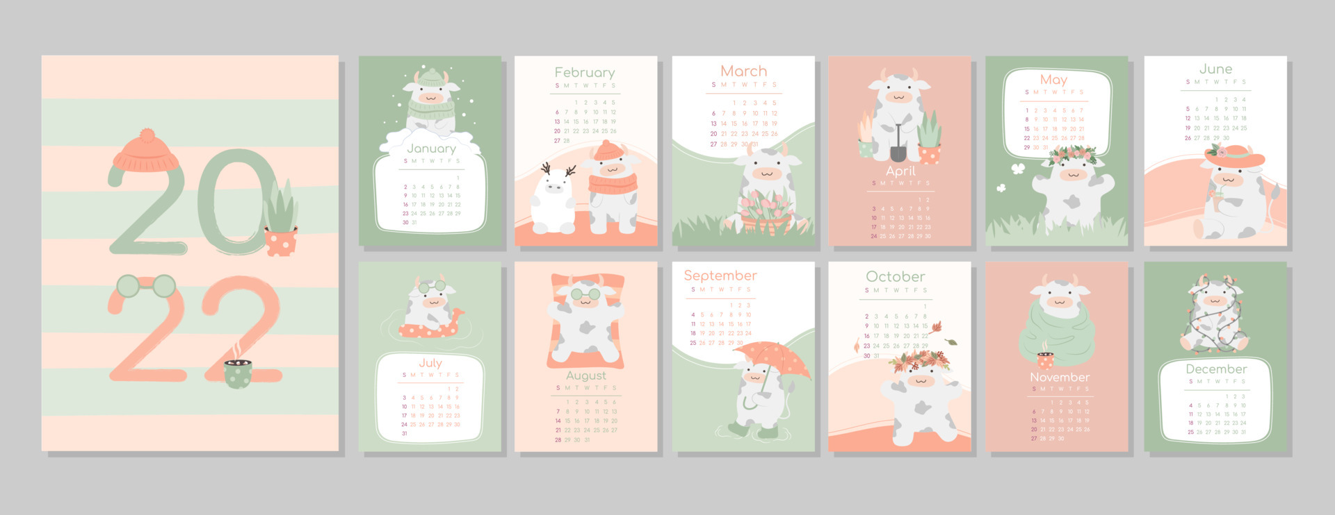 A4 calendar or planner 2022 kawaii funny cartoon ox, bull or cow, cute  characters. Cover and 12 monthly pages. Week starts on Monday, vector  illustration green and orange colors 6029759 Vector Art at Vecteezy