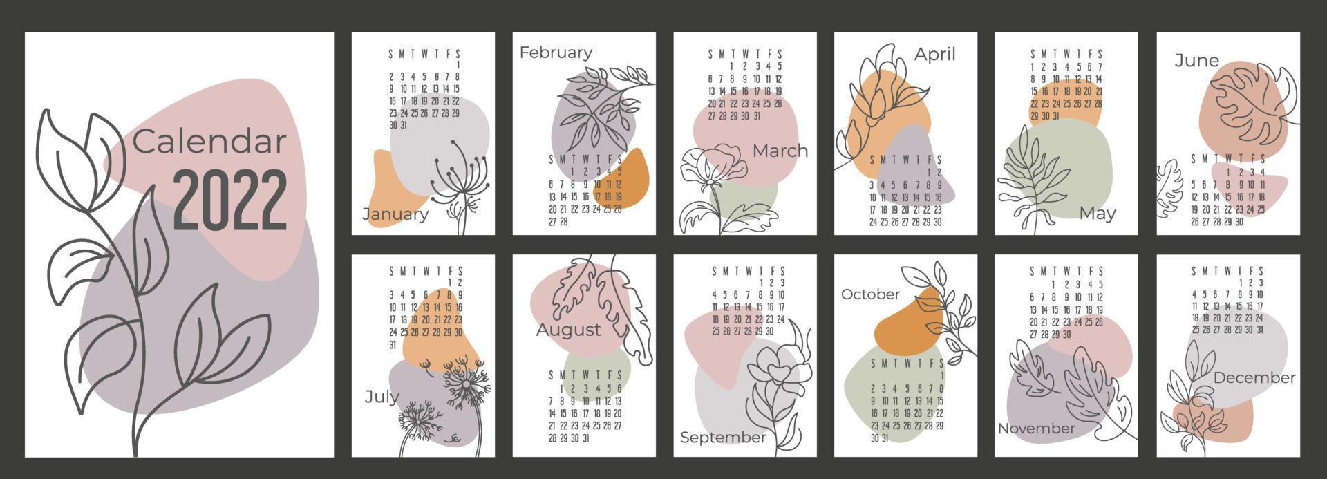 A4 calendar or planner 2022 trendy abstract figures with hand drawn botanic flowers. Cover and 12 monthly pages. Week starts on Sunday, vector illustration  pastel colors  A3 A2 A6