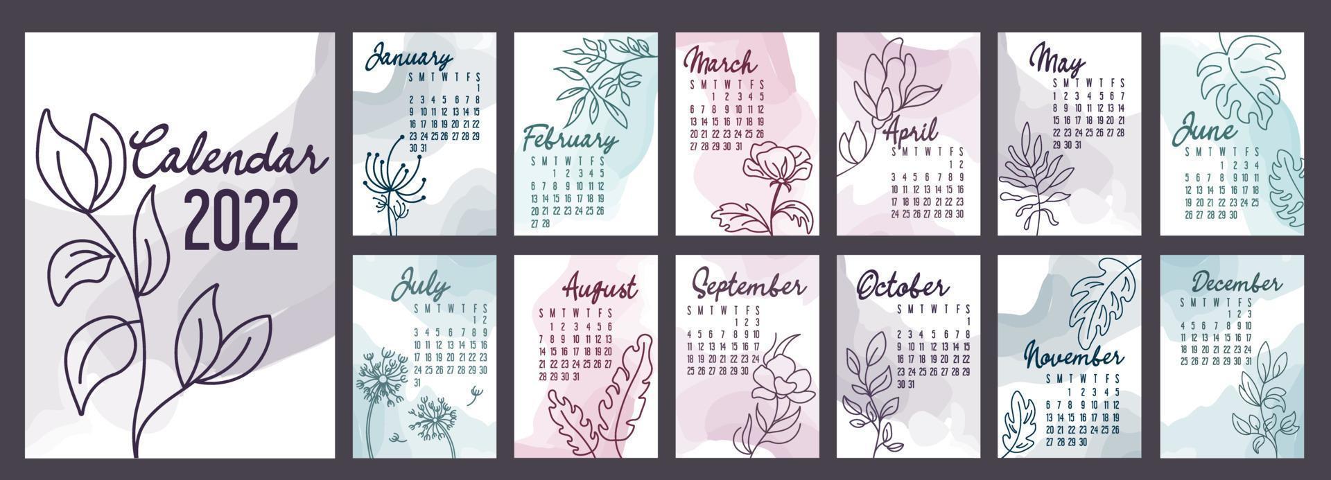A4 calendar or planner 2022  watercolor abstract with hand drawn botanic flowers. Cover and 12 monthly pages. Week starts on Sunday, vector illustration  pastel colors  A3 A2 A6