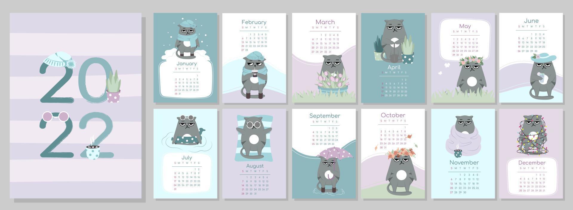 a4 calendario o planificador 2022 kawaii caricatura gruñón triste enojado gato, lindo personaje. portada y 12 páginas mensuales. la semana comienza el lunes, ilustración vectorial vector