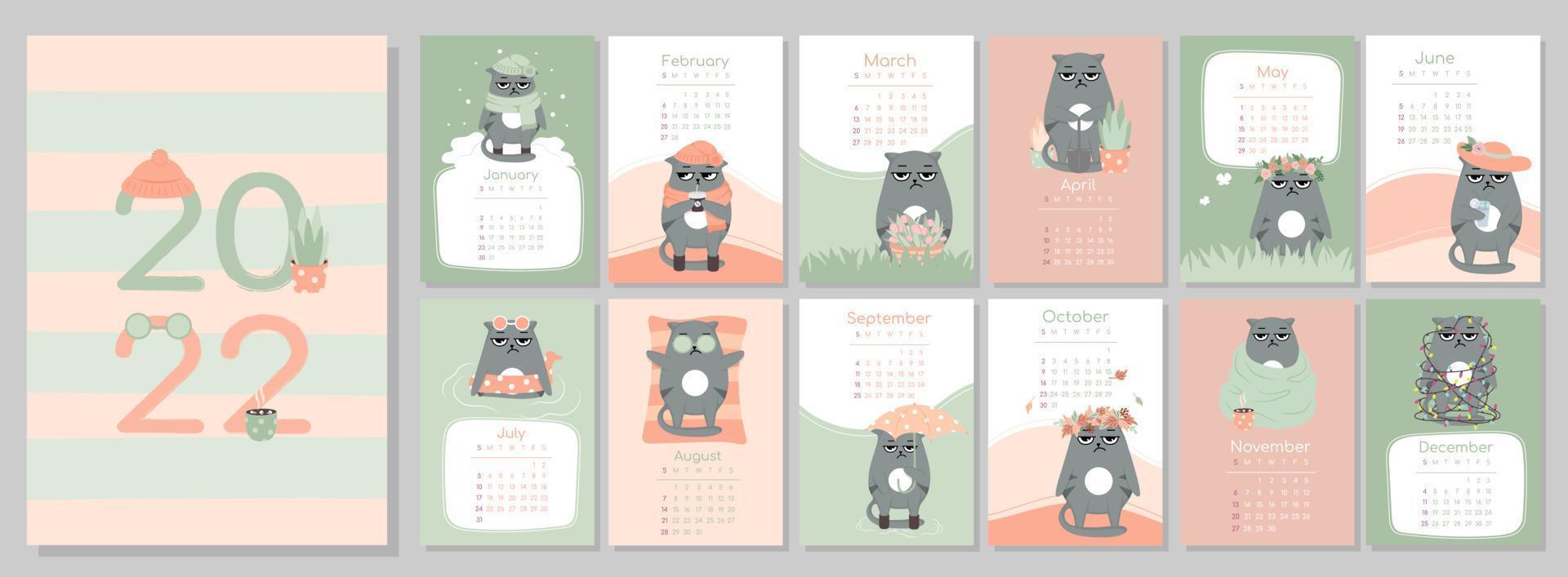 a4 calendario o planificador 2022 kawaii dibujos animados divertido gruñón triste enojado gato, lindo personaje. portada y 12 páginas mensuales. la semana comienza el lunes, ilustración vectorial colores verde y naranja vector