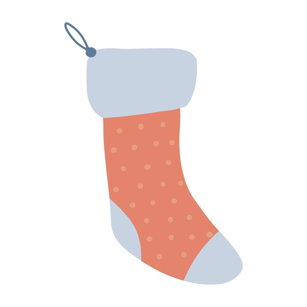 One Christmas Stocking. Red hand drawn knitted sock. Freehand isolated element. Vector flat Illustration. Only 5 colors - Easy to recolor.