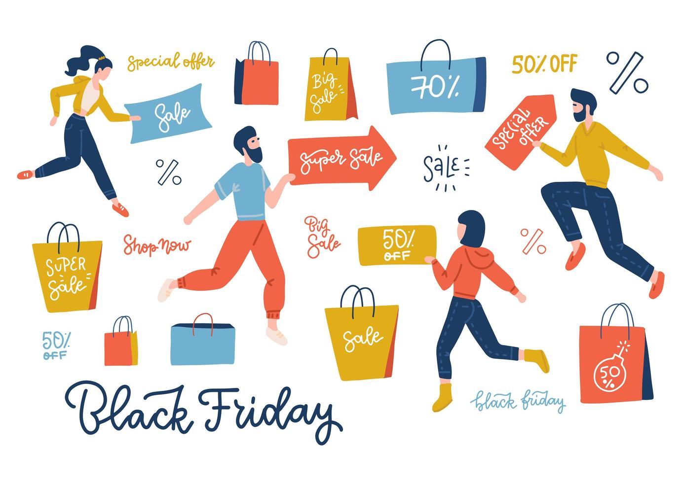 texto de letras de venta de viernes negro con un grupo de personas con diferentes bolsas de papel de compras. Ilustración de vector plano de banner web horizontal. flechas y carteles con comillas publicitarias.