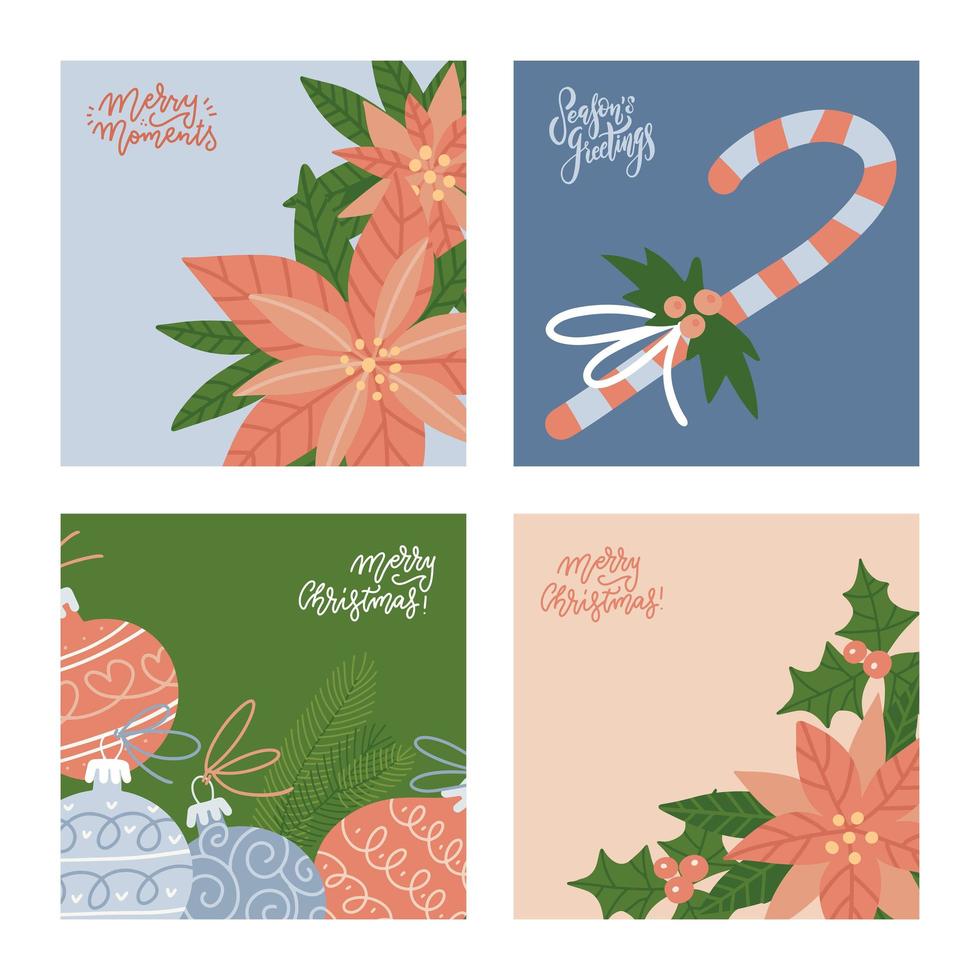 Merry christmas winter greeting cards set. Collection of square banners with holly, poinsettia, fir branch, xmas balls with festive lettering quotes. Vector flat hand drawn illustration