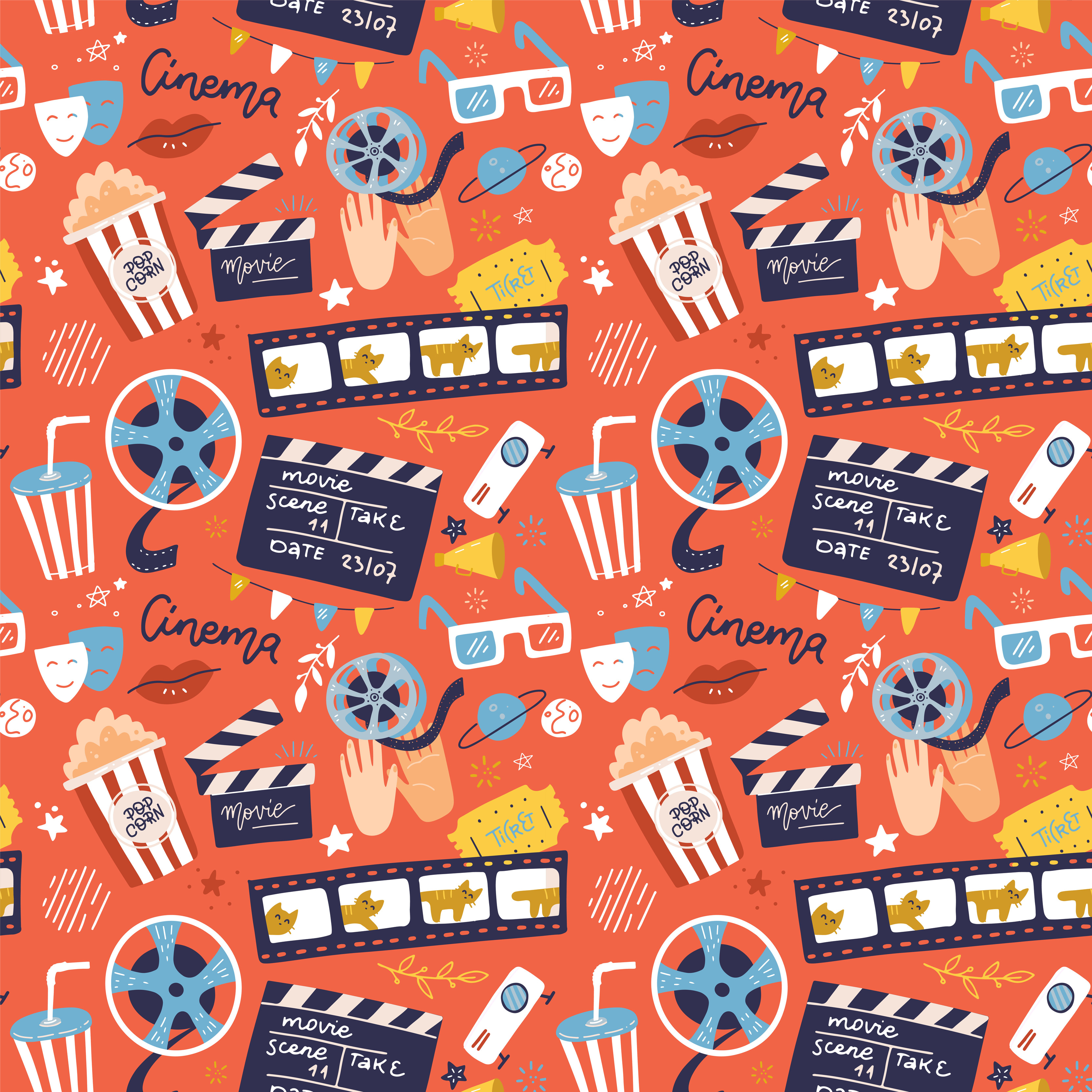 Flat cinema seamless pattern design with film reel, clapper, popcorn, 3D glasses. Cartoon flat Vector Illustration for print, fabric and web-design. 6029798 Vector Art at Vecteezy Flat cinema seamless pattern design with film reel, clapper, popcorn, 3D glasses. Cartoon flat Vector Illustration for print, fabric and web-design. 6029798 Vector Art at Vecteezy