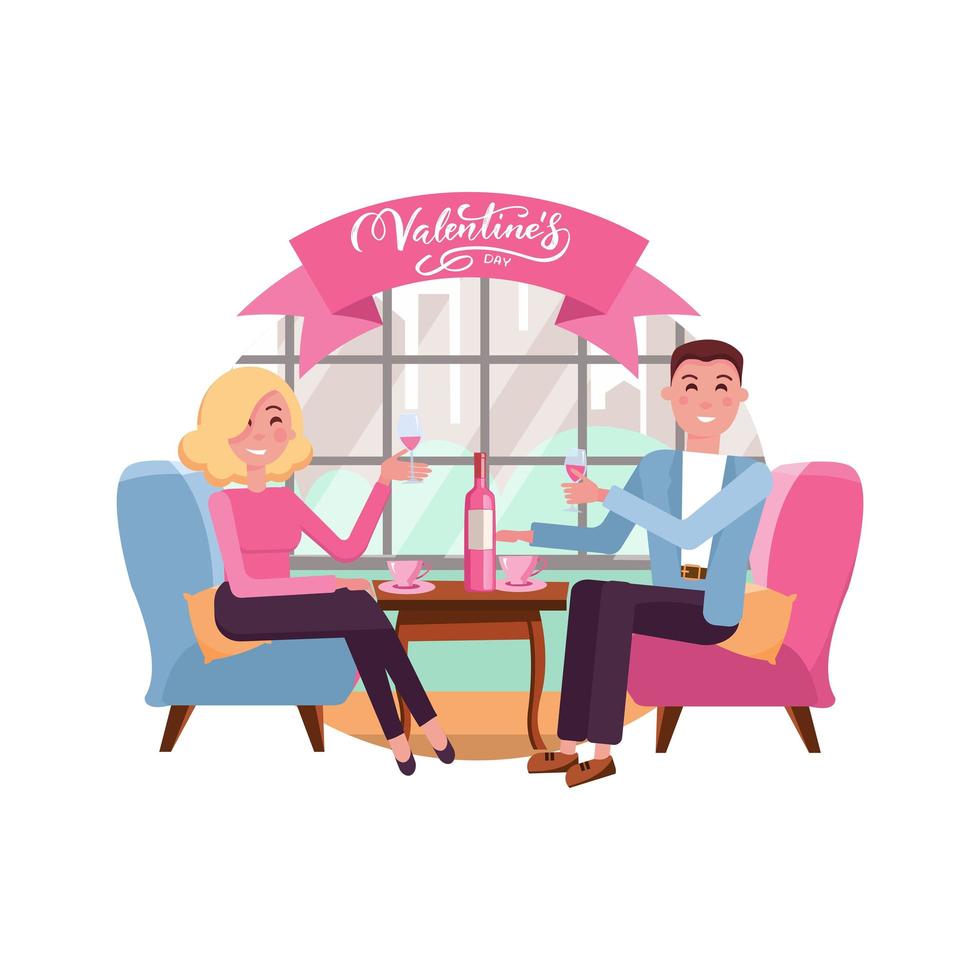 Man and woman in restaurant on the romantic date. Couple in love. People sitting at the table with a glass of wine. Romance relationship. Isolated flat vector illustration