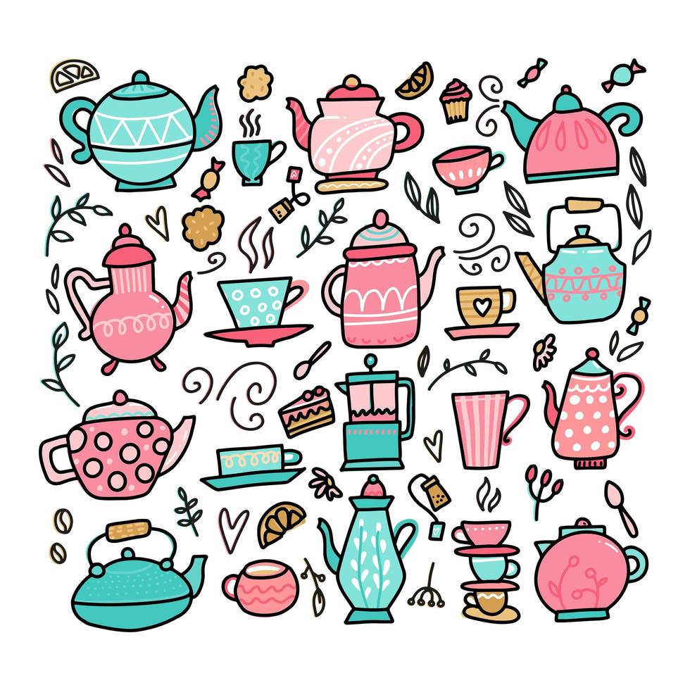 Doodle style teapot and tea cups collection. Scandinavian cozy simple hygge linear style with color. Hand drawn pot, kettle, teakettle, cup, tea, coffee, warm drinks set. Flat vector illustration.