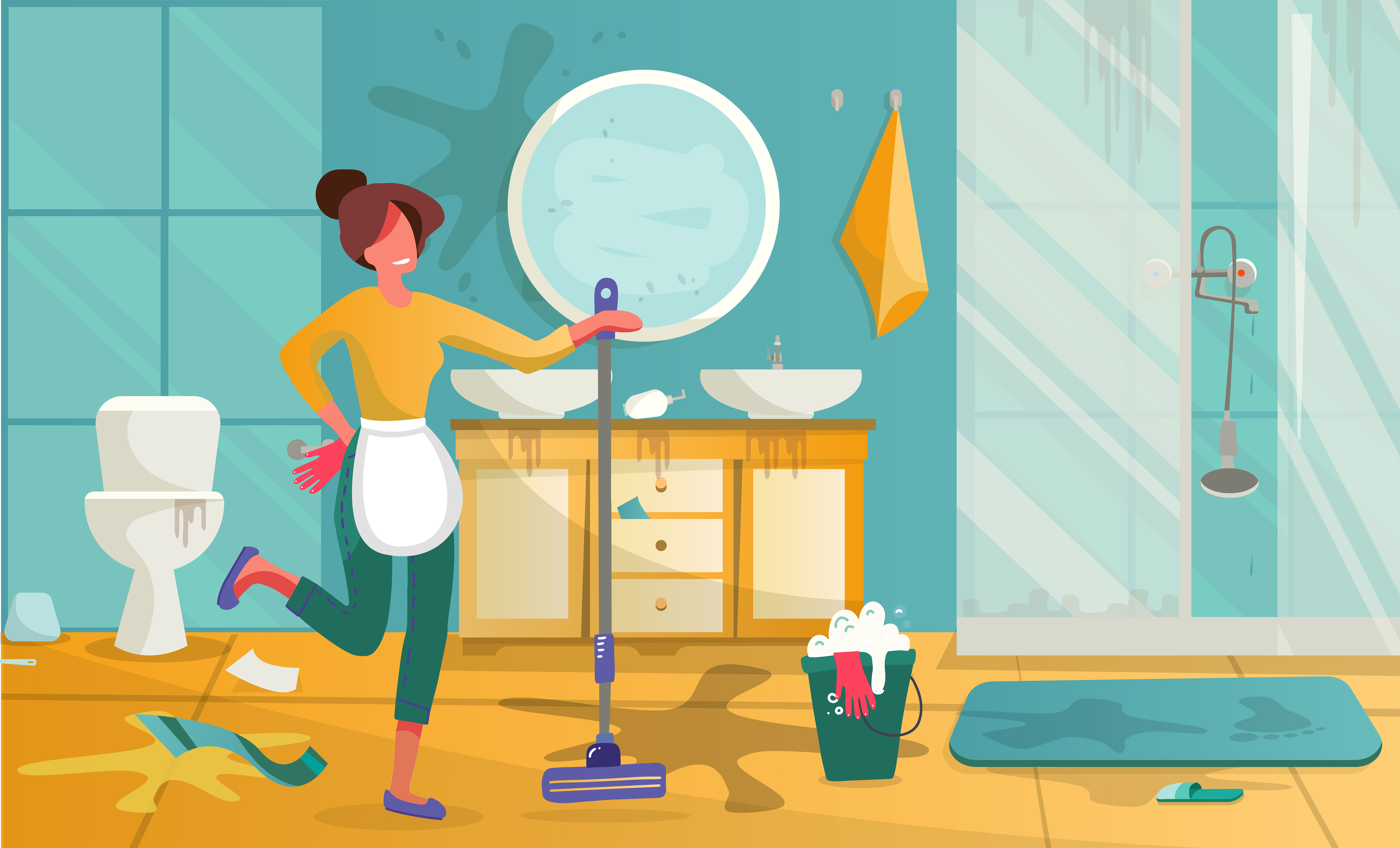 Yound Woman cleaning dirty bathroom. Housewife mopping floor or washing
