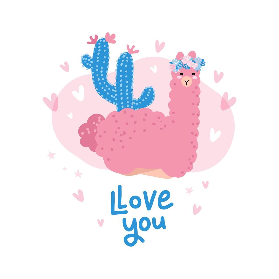 ilustración de personaje de llama de dibujos animados lindo para el día de san valentín. te amo cita motivacional e inspiradora con alpaca rosa para el diseño de tarjetas y pantalones vector