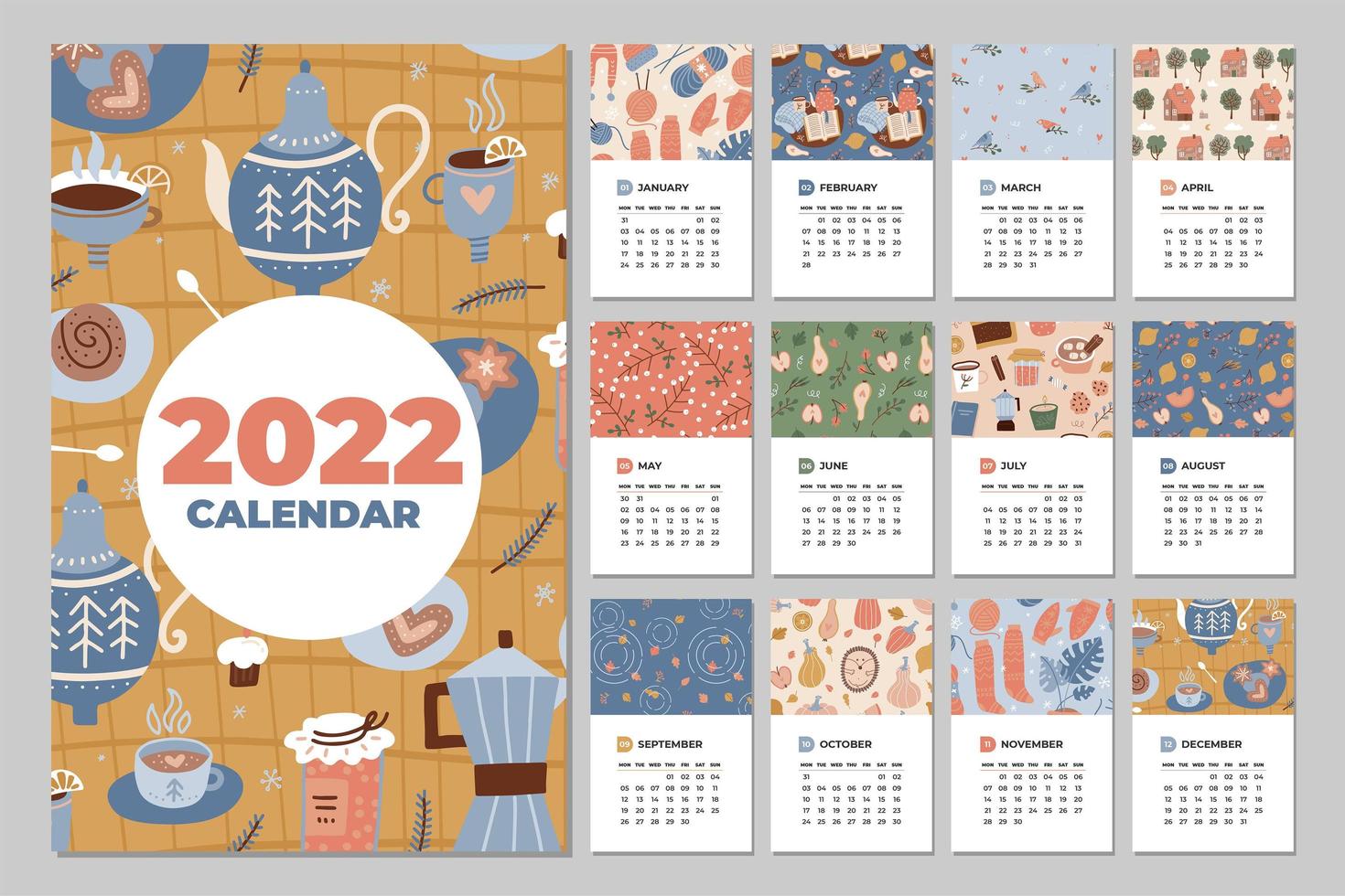 calendario 2022. plantilla de vector de calendario mensual divertido, acogedor y lindo con tazas higge dibujadas a mano, postres y elementos de temporada. ilustración vectorial plana.