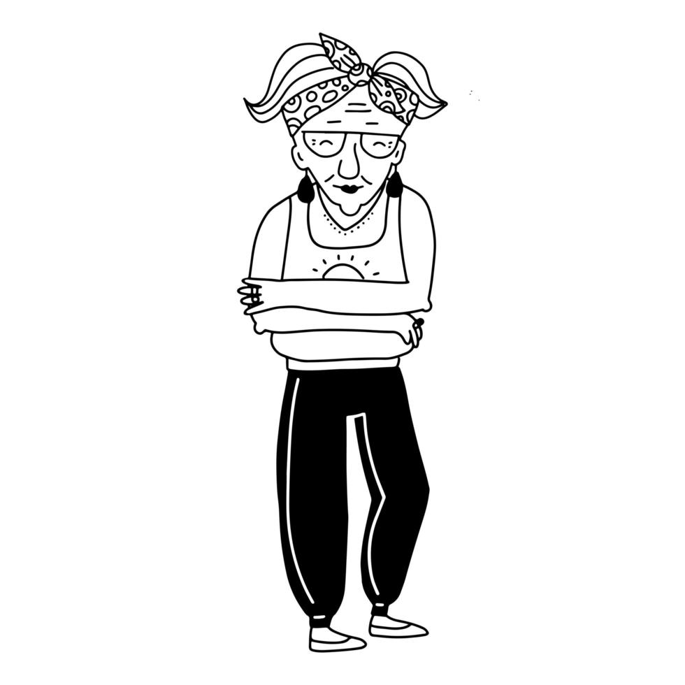 Fashion grandmother in sportswear clothes. Stylish modern old elderly women aged mother. Active old age concept. Lady with bandage on the head. Doodle vector illustration.