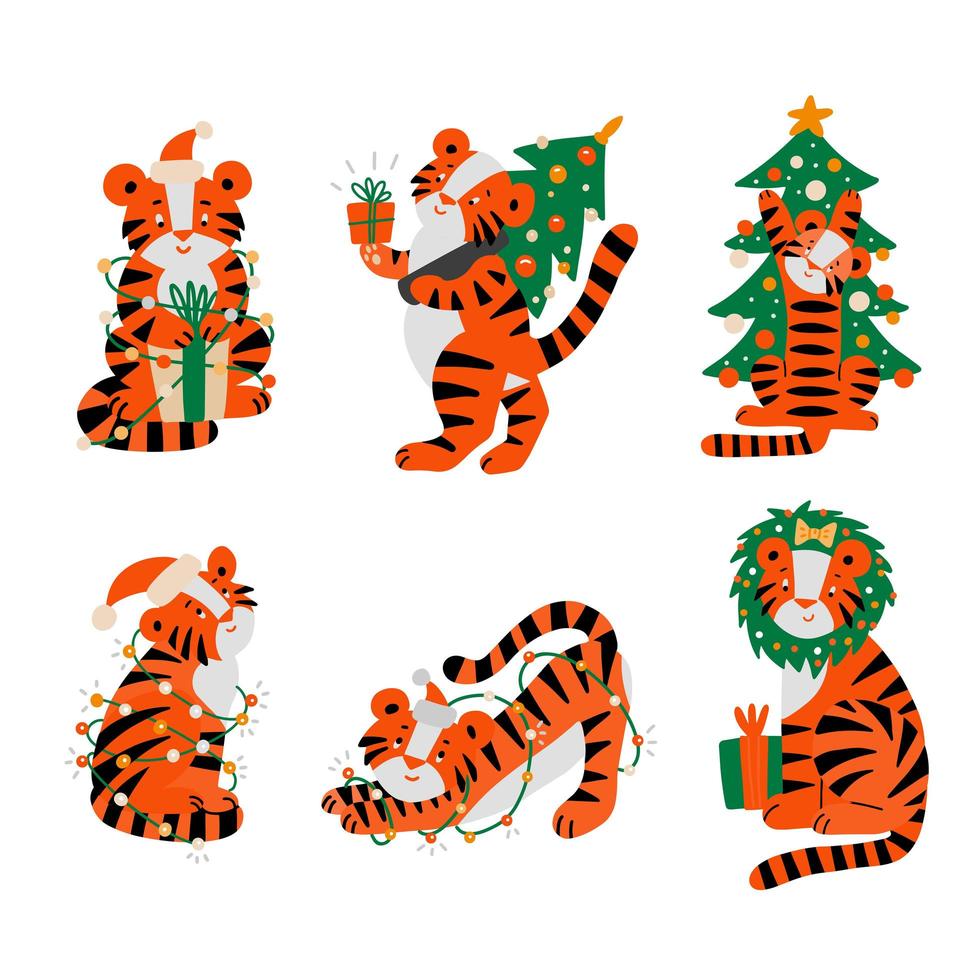 Christmas Tiger animal character mascot of 2022 new year. Tigers in Santa hat, gives gift box Christmas tree set. Comic stripe cat for calendar clipart symbol. Happy New year flat vector illustration.