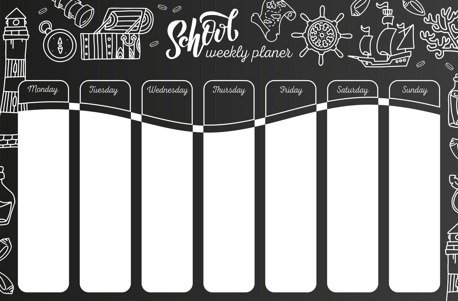 Weekly Calendar on chalkboard . 7 day plan on black chalkboard background. School timetable template with hand written text, Adventure sea travel symbols. lessons shedule in sketchy style with doodles vector