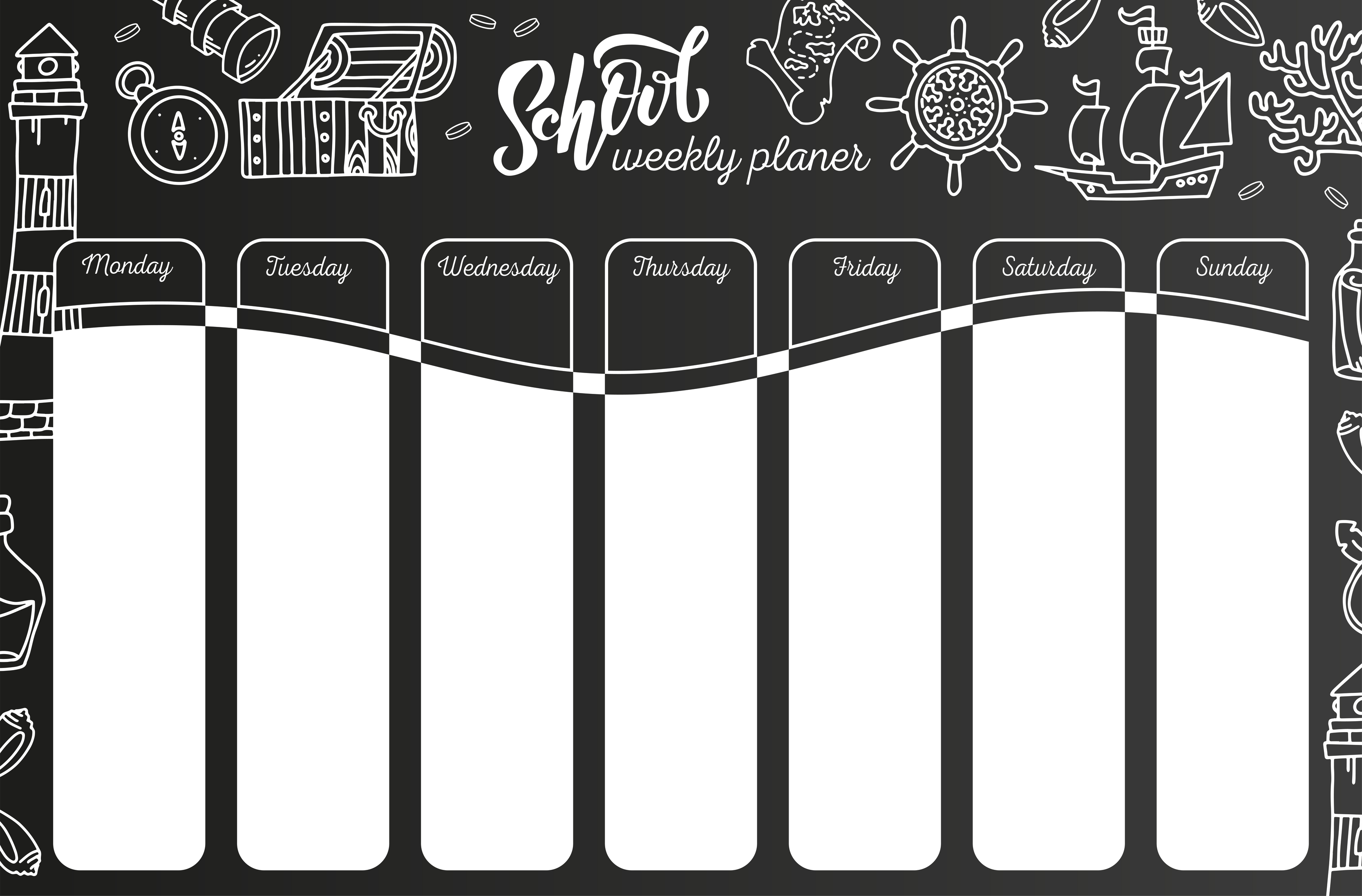 weekly calendar on chalkboard 7 day plan on black chalkboard background school timetable template with hand written text adventure sea travel symbols lessons shedule in sketchy style with doodles 6029843 vector