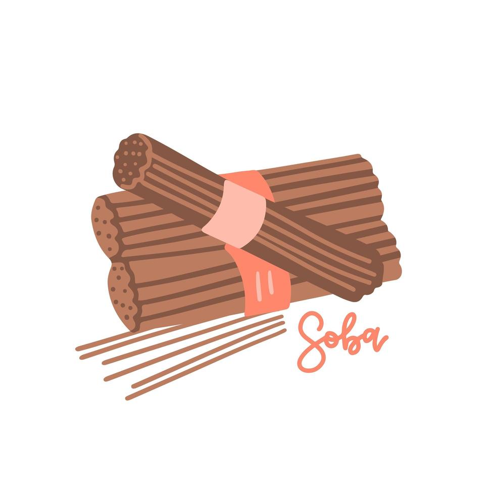 fideos de soba de trigo sarraceno crudo aislados sobre fondo blanco. ilustración vectorial de comida japonesa en estilo plano simple de dibujos animados con soba de letras dibujadas a mano. tres racimos. vector