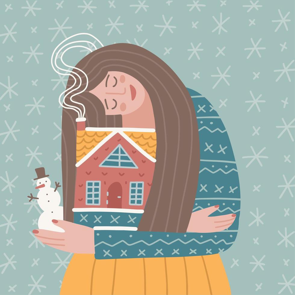 Hand drawn image of a young woman with small house in her hands. Cute female character girl hugs and warms her home. Cozy winter vector illustration for greeting cards design