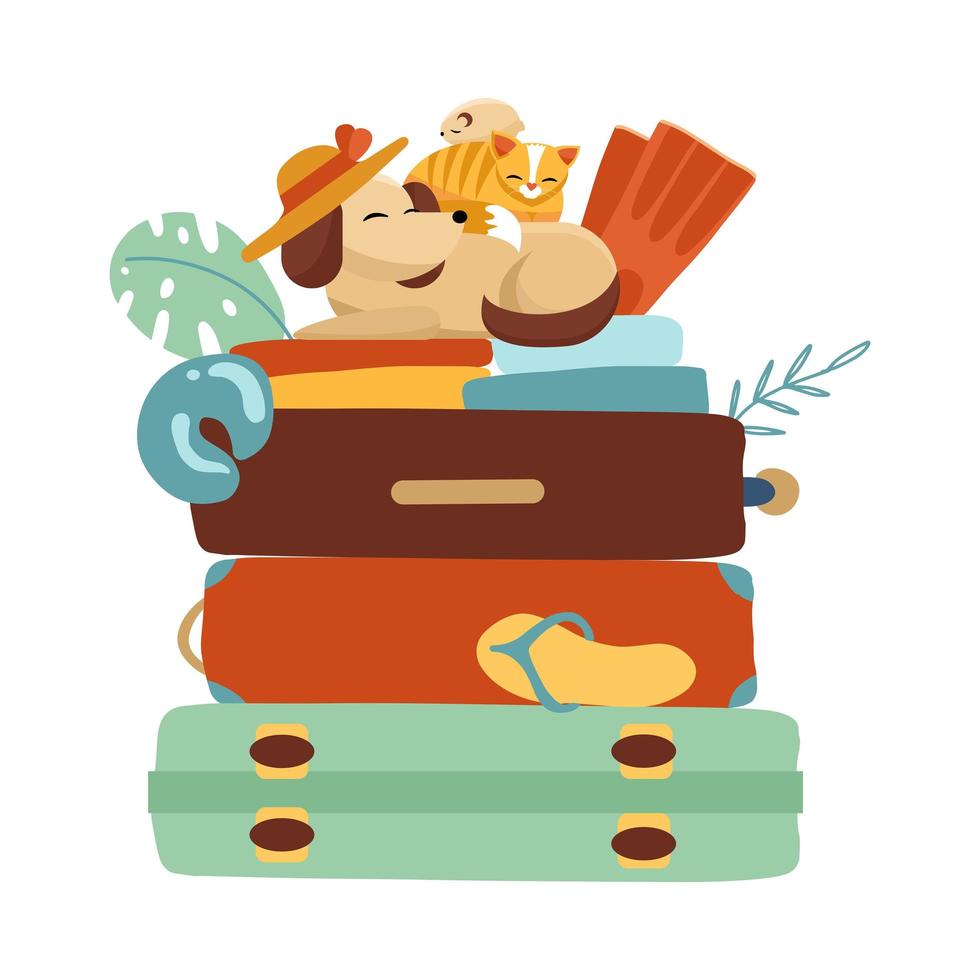 Stack of Suitcases on a white isolated background. Vacation and travel concept. Cat, dog and hamster gathered on a trip. Vector flat illustration in cartoon style.