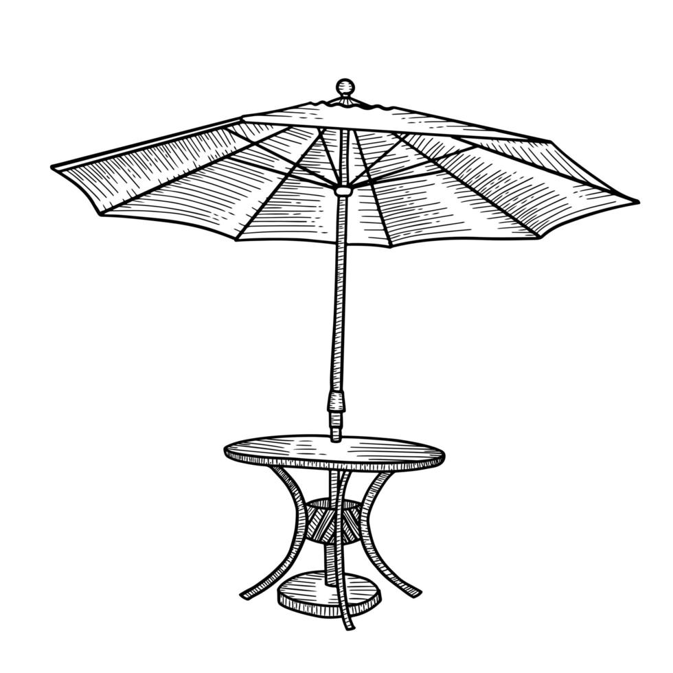 For an outdoor coffee table with an umbrella. Open parasol tent with round table. Hhand drawn sketch Vector illustration. Black and white isolated element of street cafe furniture.