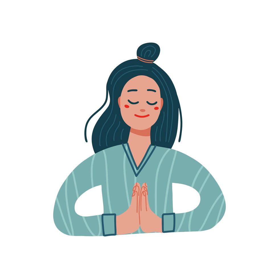 Girl in a namaste pose. Vector flat illustration on a white background. Young woman giving thanks. Thank you concept.