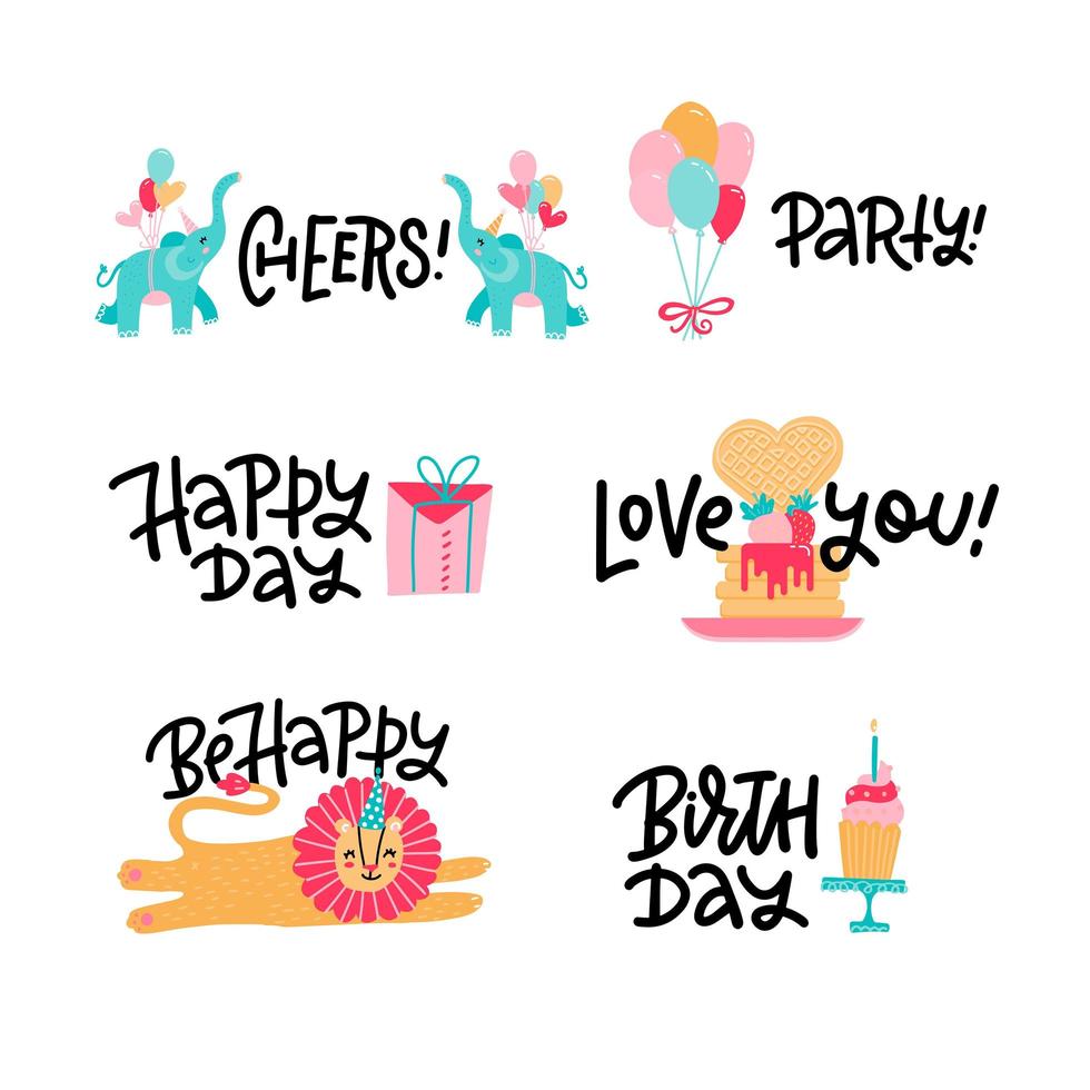 Children s greeting stickers set, birthday party labels. Colorful inscriptions for the holiday with flat illustrations. Elements for decoration with lettering. vector